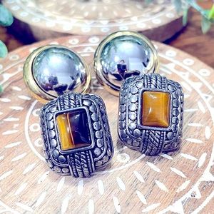 Two Pairs of Earrings One Natural Tiger's Eye and One Silver and Gold Earrings.
